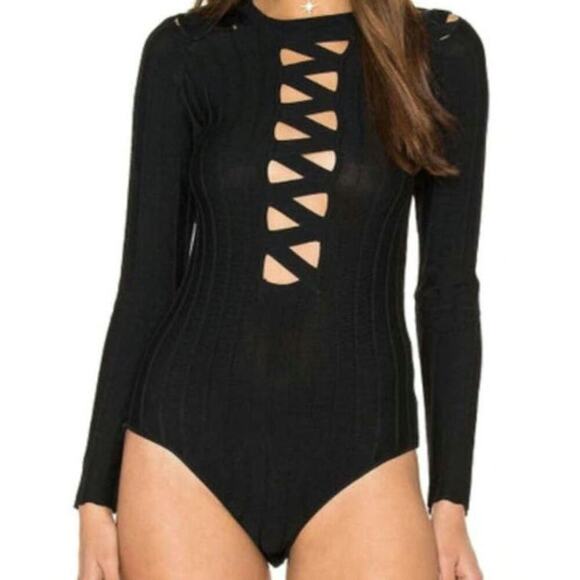 FOR LOVE & LEMONS Knitz Simone Bodysuit XS  Long Sleeve Black Ribbed Lace-Up Top - Picture 1 of 16